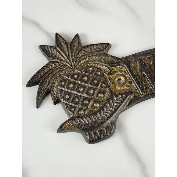 Brass Welcome Door Sign Pineapple Design 9 1/2" Entry Plaque 90s Home Decor - Picture 2 of 13